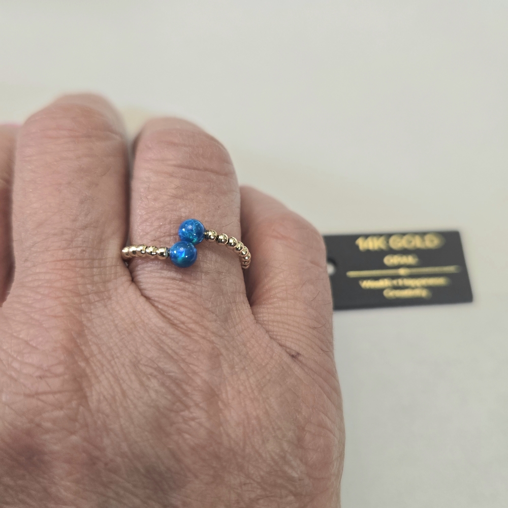14kt Solid Yellow Gold Open Ended Genuine Blue Opal Stone Ring - Picture 5 of 8